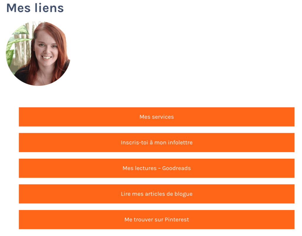 Ce que les gens voient lorsqu'ils cliquent sur mon larouquine.ca/mes-liens/ en bio sur Instagram.